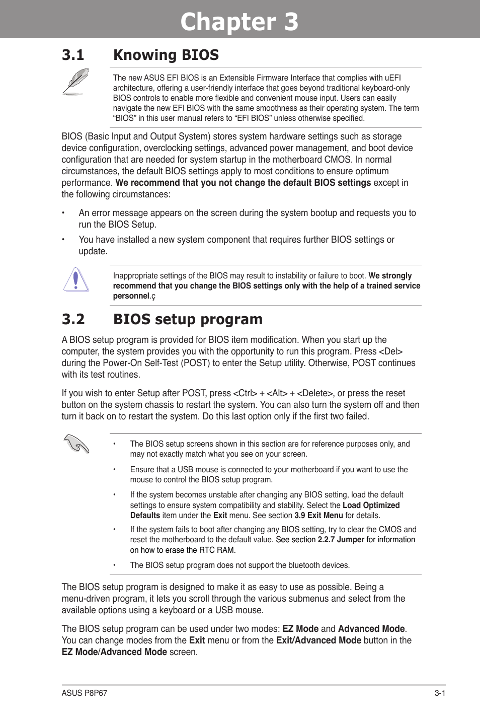 Chapter 3: bios setup, 1 knowing bios, 2 bios setup program | Chapter 3, Bios setup, Knowing bios -1, Bios setup program -1 | Asus P8P67 User Manual | Page 67 / 136