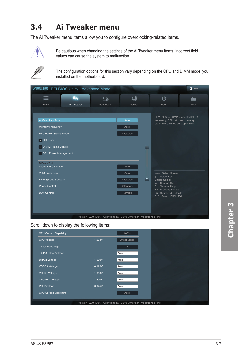 4 ai tweaker menu, Ai tweaker menu -7, Chapter 3 3.4 ai tweaker menu | Scroll down to display the following items, Efi bios utility - advanced mode | Asus P8P67 User Manual | Page 73 / 136