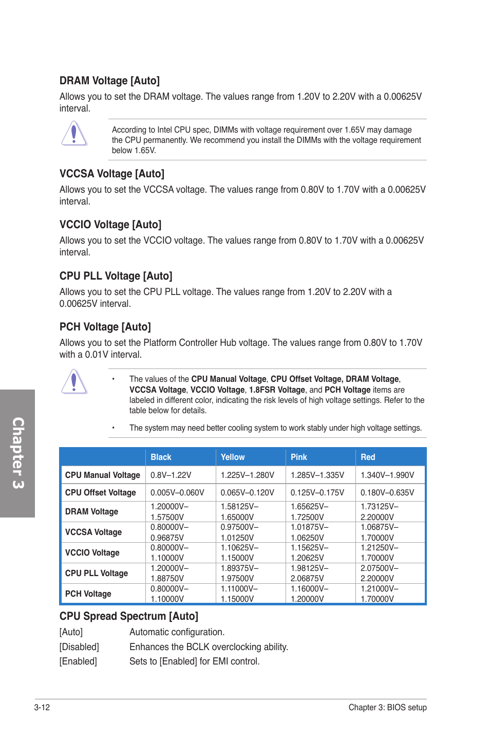 Chapter 3, Dram voltage [auto, Vccsa voltage [auto | Vccio voltage [auto, Cpu pll voltage [auto, Pch voltage [auto, Cpu spread spectrum [auto | Asus P8P67 User Manual | Page 78 / 136