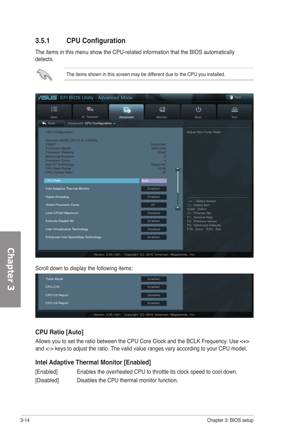 1 cpu configuration, Cpu configuration -14, Chapter 3 | Cpu ratio [auto, Intel adaptive thermal monitor [enabled, Scroll down to display the following items, 14 chapter 3: bios setup | Asus P8P67 User Manual | Page 80 / 136