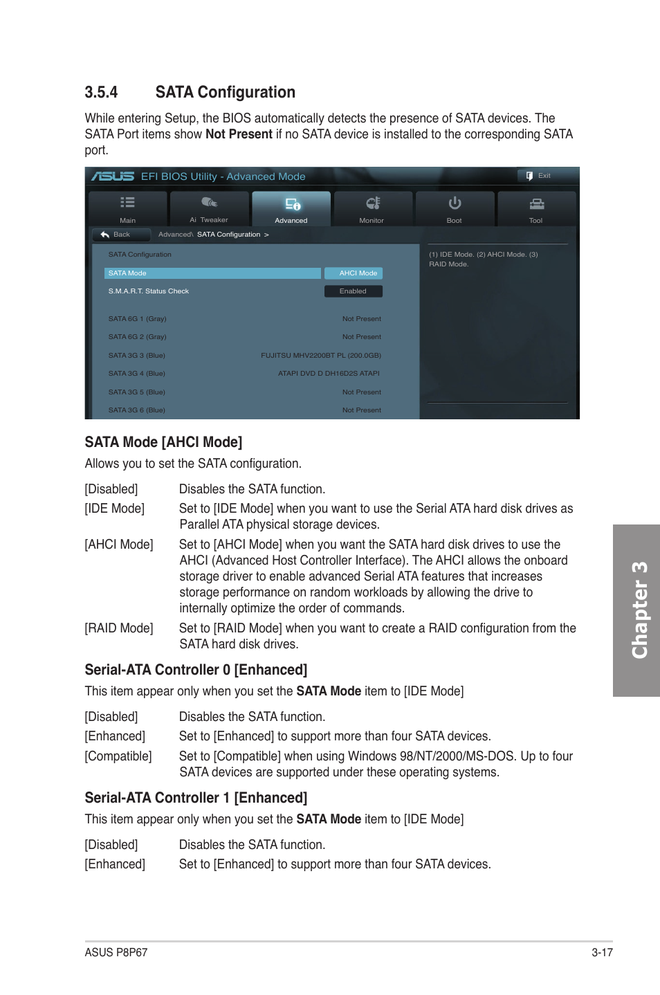 4 sata configuration, Sata configuration -17, Chapter 3 | Sata mode [ahci mode, Serial-ata controller 0 [enhanced, Serial-ata controller 1 [enhanced | Asus P8P67 User Manual | Page 83 / 136