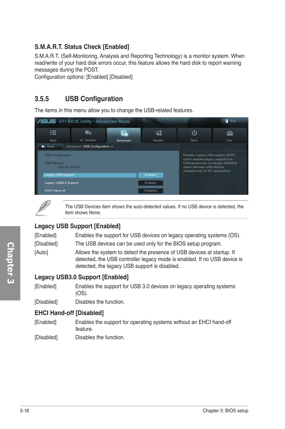 5 usb configuration, Usb configuration -18, Chapter 3 | S.m.a.r.t. status check [enabled, Legacy usb support [enabled, Legacy usb3.0 support [enabled, Ehci hand-off [disabled | Asus P8P67 User Manual | Page 84 / 136