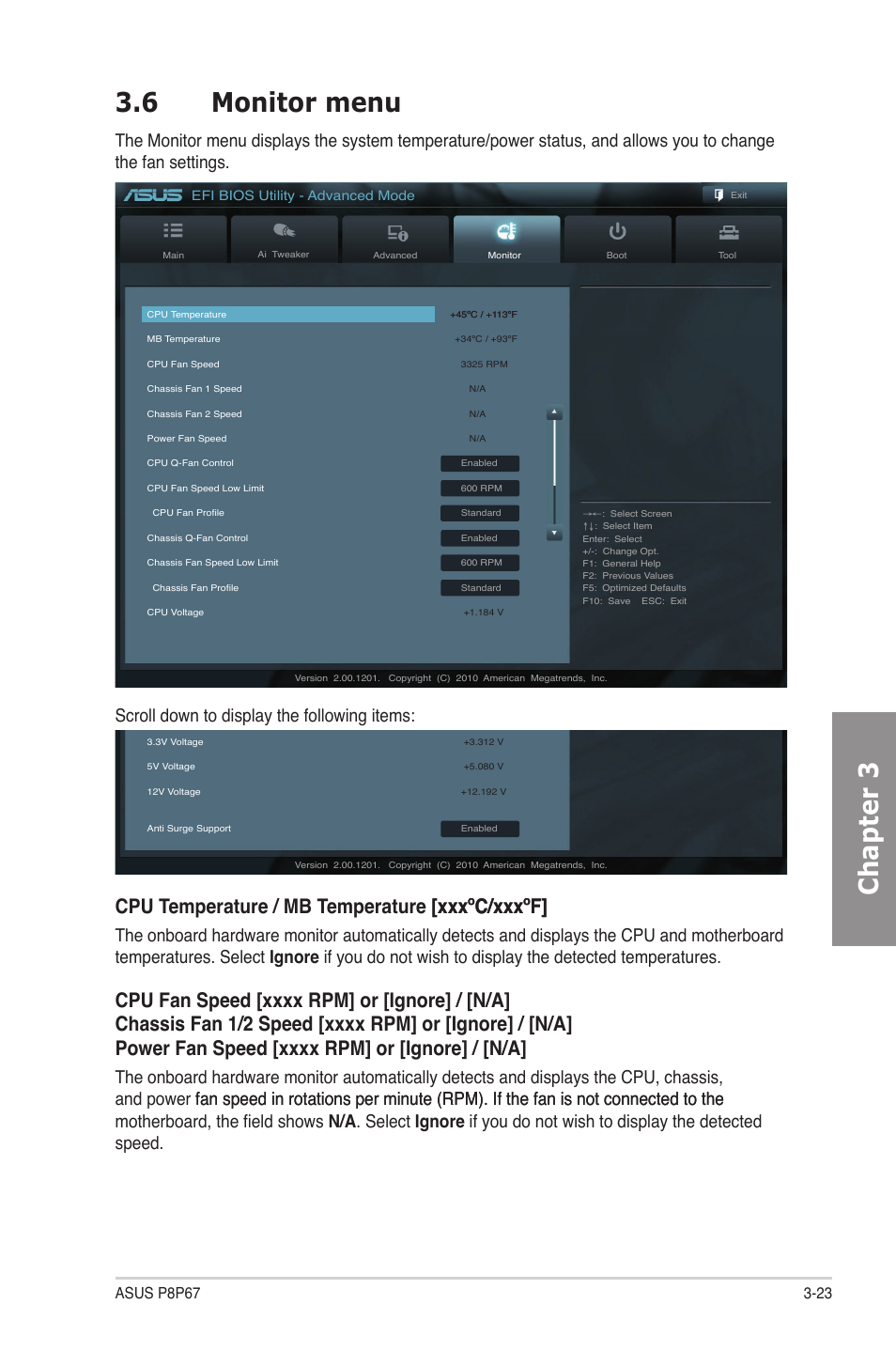 6 monitor menu, Monitor menu -23, Chapter 3 3.6 monitor menu | Asus P8P67 User Manual | Page 89 / 136