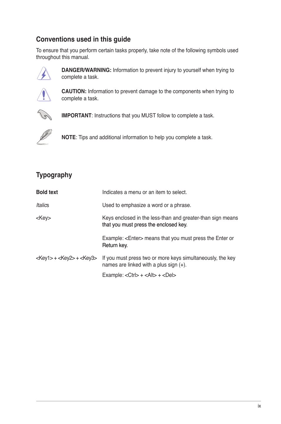 Conventions used in this guide, Typography | Asus P8P67 User Manual | Page 9 / 136