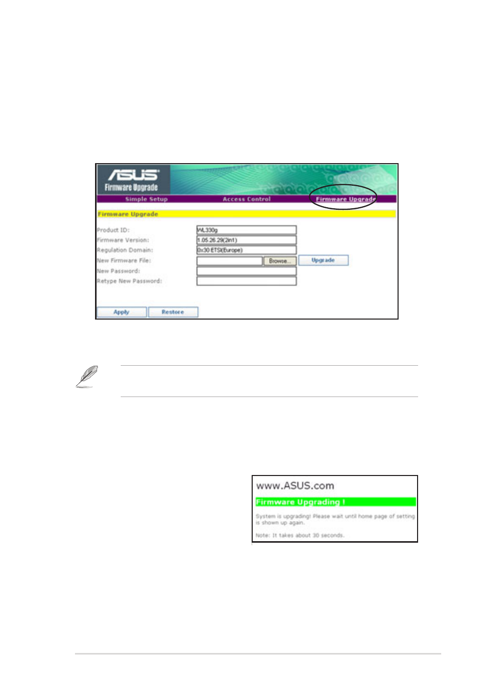 Firmware upgrade page | Asus WL-330g User Manual | Page 43 / 70