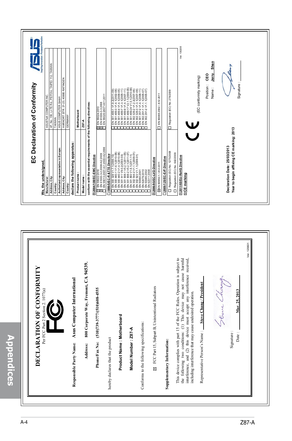 Appendices, Declaration of conformity, Z87-a | Ec declaration of conformity, Asu s c om pu te r in te rn at io na l | Asus Z87-A User Manual | Page 100 / 100