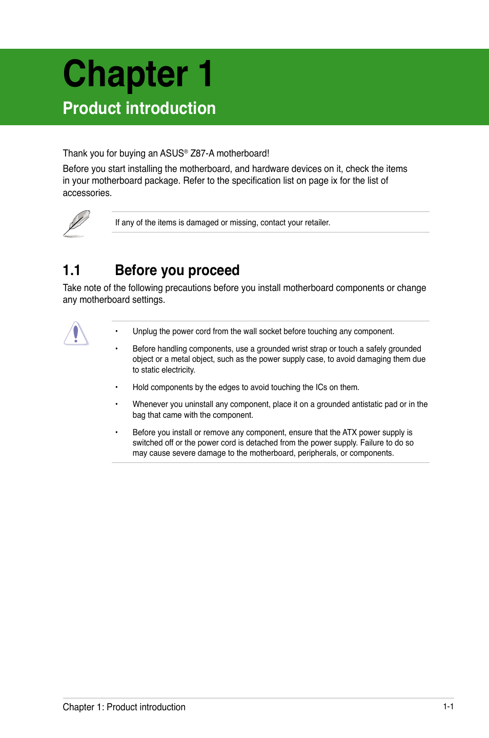 Chapter 1: product introduction, 1 before you proceed, Chapter 1 | Product introduction, Before you proceed -1 | Asus Z87-A User Manual | Page 11 / 100