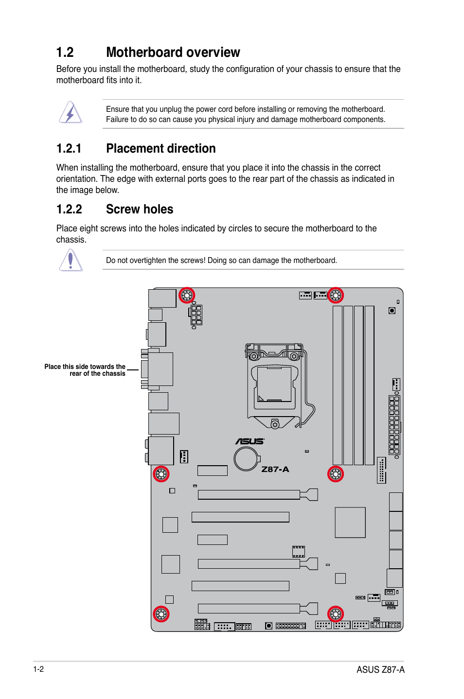 2 motherboard overview, Motherboard overview -2, 1 placement direction | 2 screw holes | Asus Z87-A User Manual | Page 12 / 100