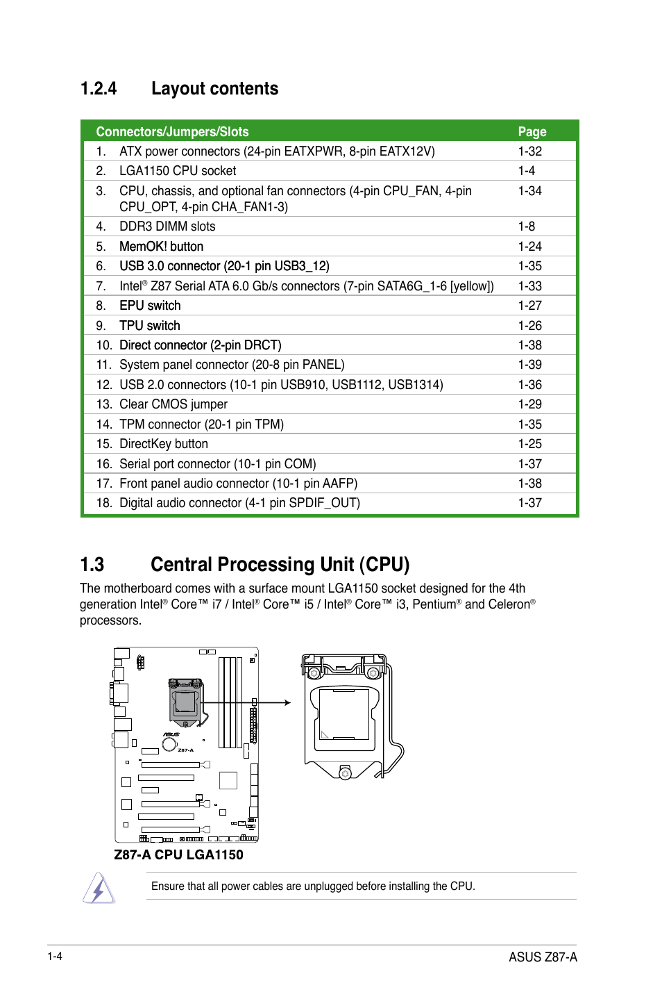 3 central processing unit (cpu), Central processing unit (cpu) -4, 4 layout contents | Asus Z87-A User Manual | Page 14 / 100