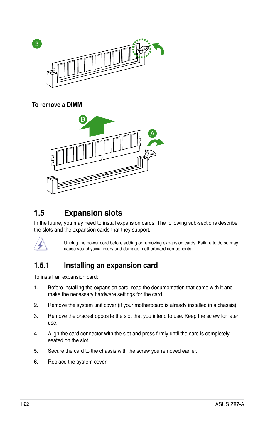 5 expansion slots, Expansion slots -22, 1 installing an expansion card | Asus Z87-A User Manual | Page 32 / 100