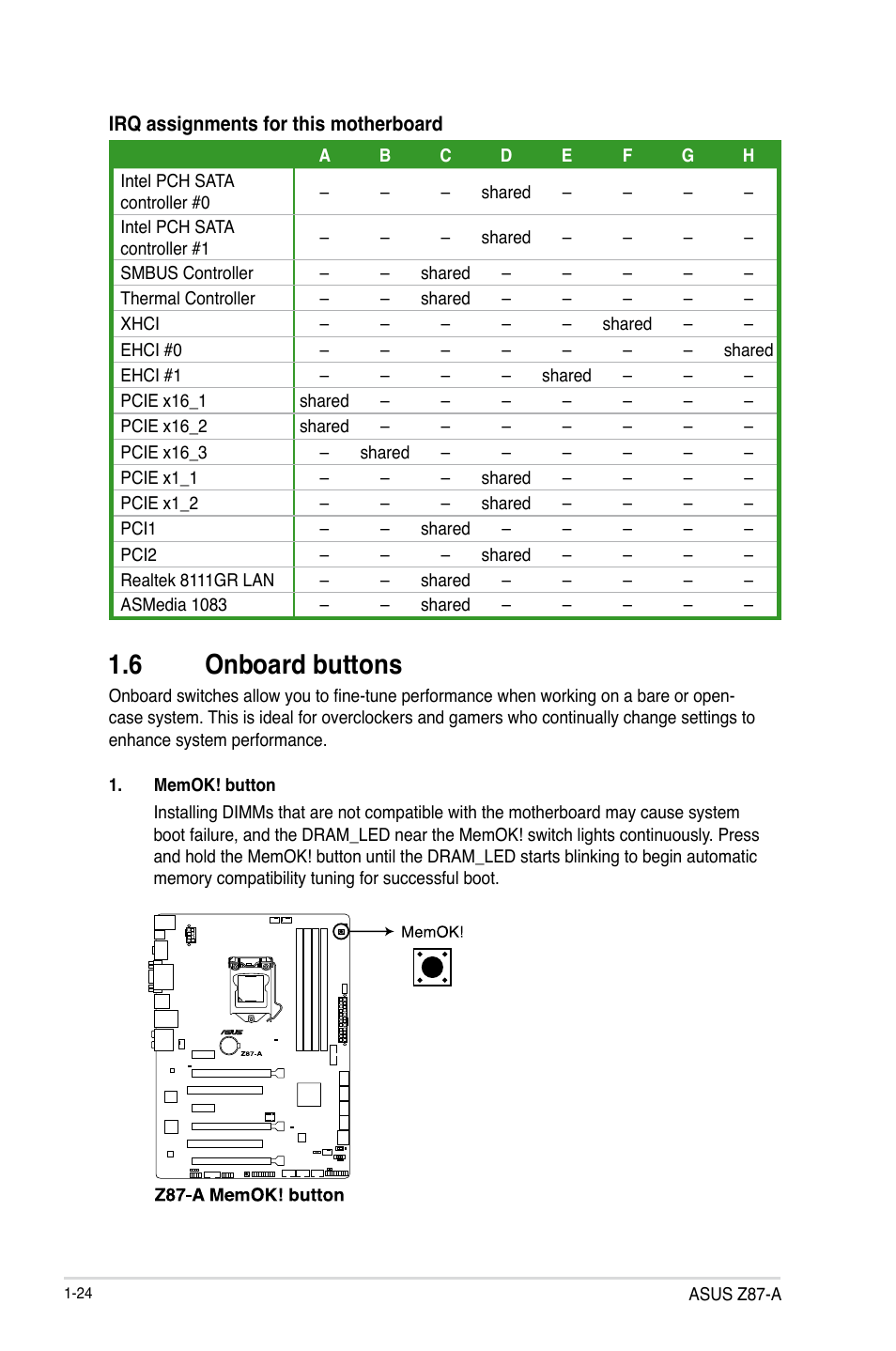 6 onboard buttons, Onboard buttons -24 | Asus Z87-A User Manual | Page 34 / 100