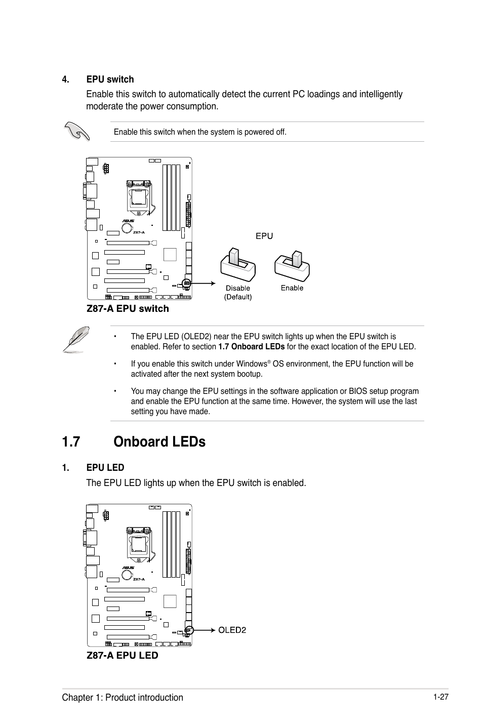 7 onboard leds, Onboard leds -27 | Asus Z87-A User Manual | Page 37 / 100