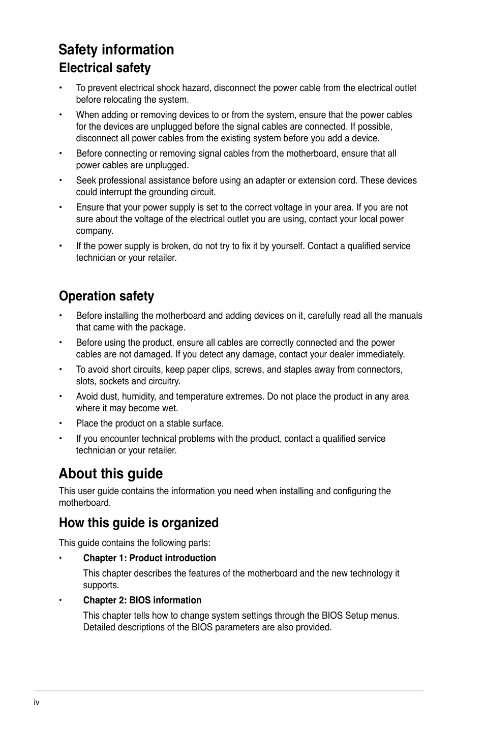 Safety information, About this guide, Electrical safety | Operation safety, How this guide is organized | Asus Z87-A User Manual | Page 4 / 100