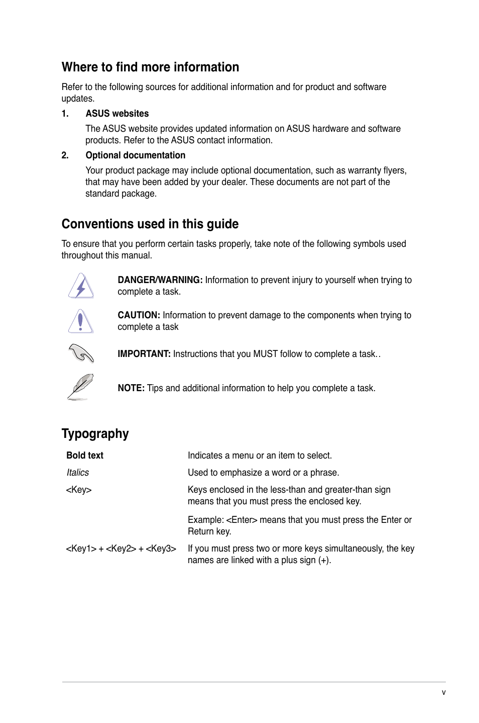 Where to find more information, Conventions used in this guide, Typography | Asus Z87-A User Manual | Page 5 / 100