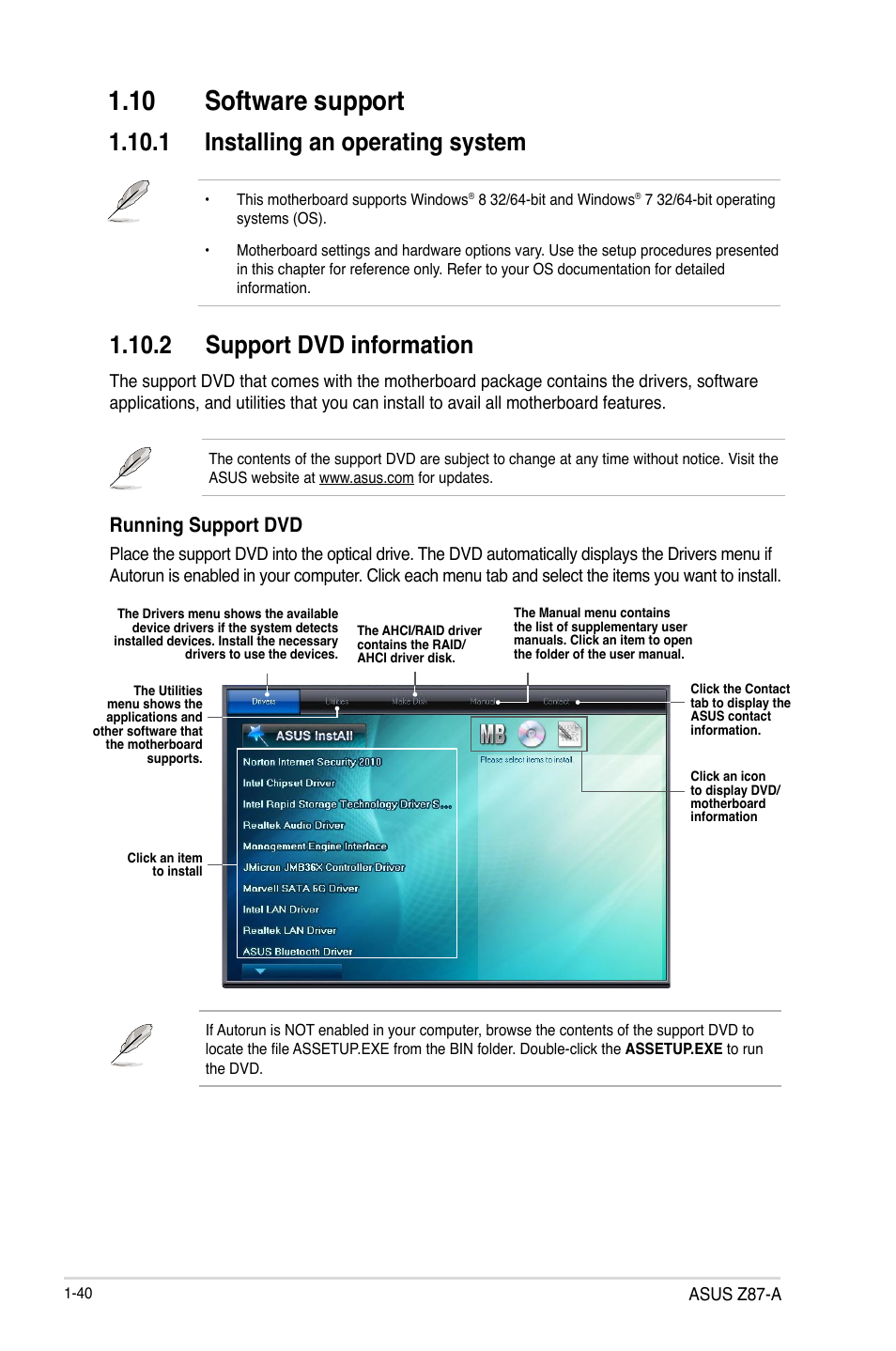 10 software support, Software support -40, 1 installing an operating system | 2 support dvd information, Running support dvd | Asus Z87-A User Manual | Page 50 / 100