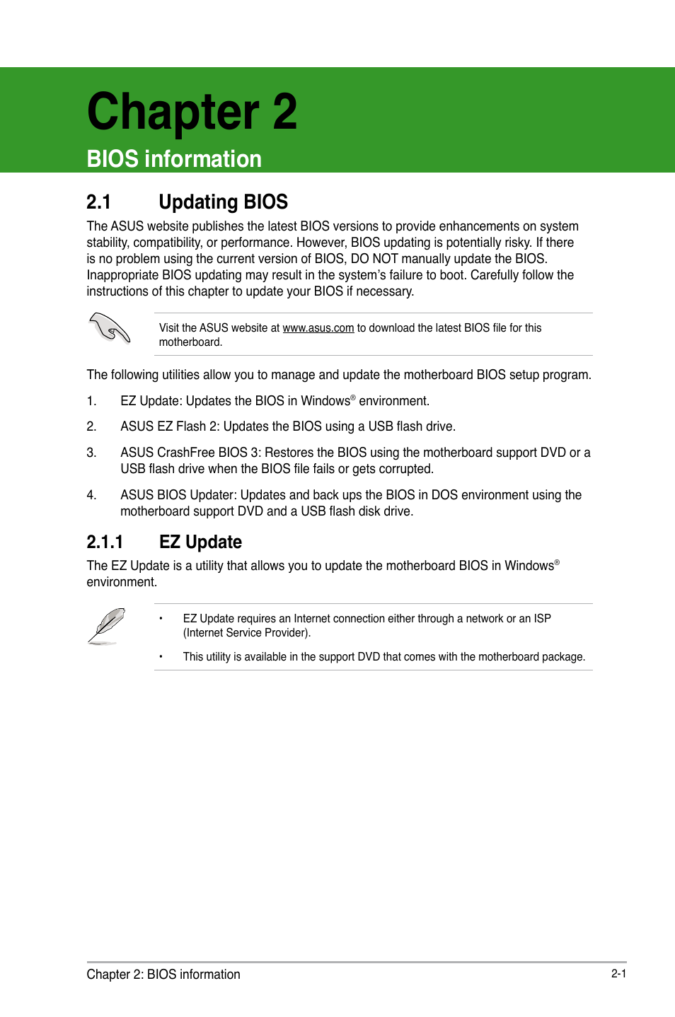 Chapter 2: bios information, 1 updating bios, Chapter 2 | Bios information, Updating bios -1, 1 ez update | Asus Z87-A User Manual | Page 51 / 100