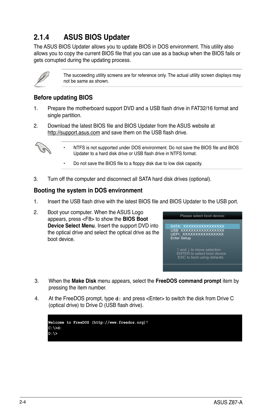 4 asus bios updater, Before updating bios, Booting the system in dos environment | Asus Z87-A User Manual | Page 54 / 100