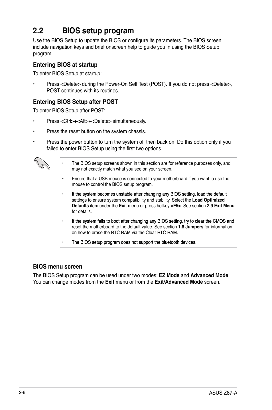 2 bios setup program, Bios setup program -6 | Asus Z87-A User Manual | Page 56 / 100