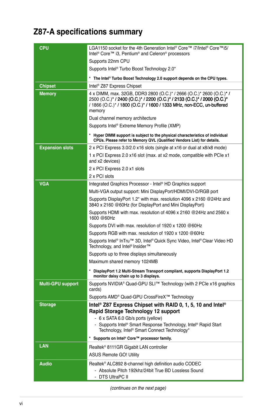 Z87-a specifications summary, Intel, Rapid storage technology 12 support | Asus Z87-A User Manual | Page 6 / 100