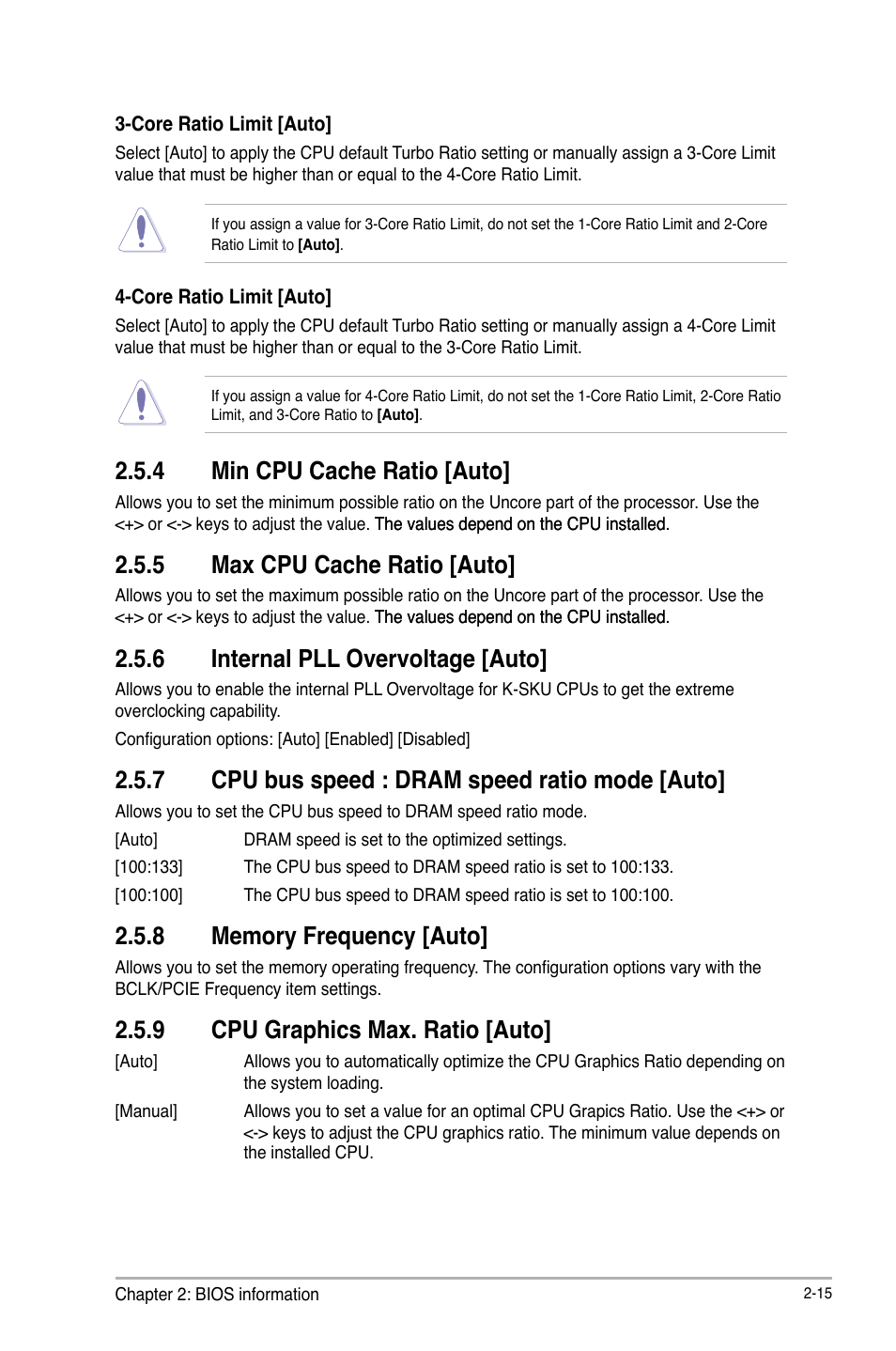 4 min cpu cache ratio [auto, 5 max cpu cache ratio [auto, 6 internal pll overvoltage [auto | 7 cpu bus speed : dram speed ratio mode [auto, 9 cpu graphics max. ratio [auto | Asus Z87-A User Manual | Page 65 / 100