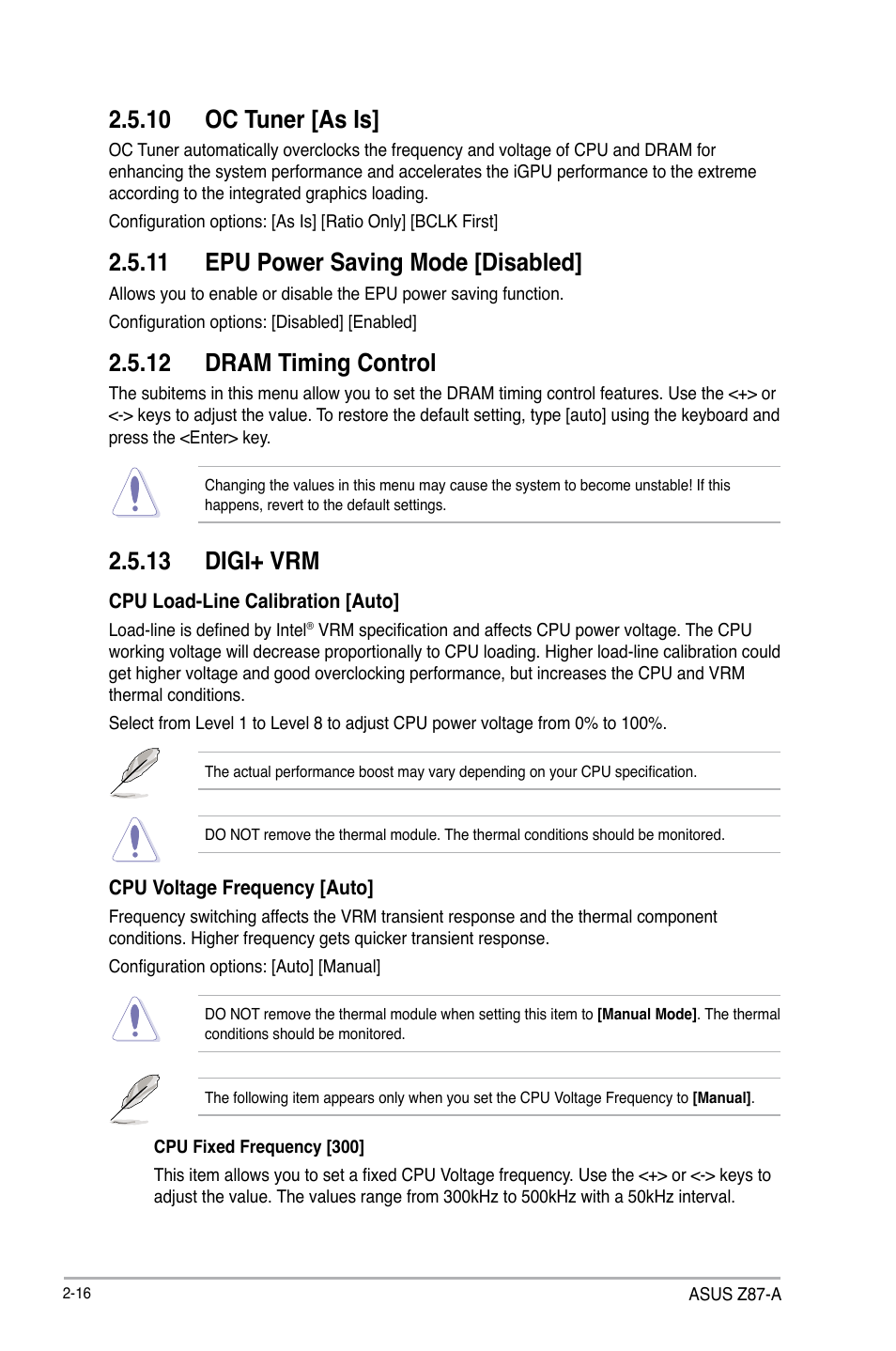 10 oc tuner [as is, 11 epu power saving mode [disabled, 12 dram timing control | 13 digi+ vrm | Asus Z87-A User Manual | Page 66 / 100