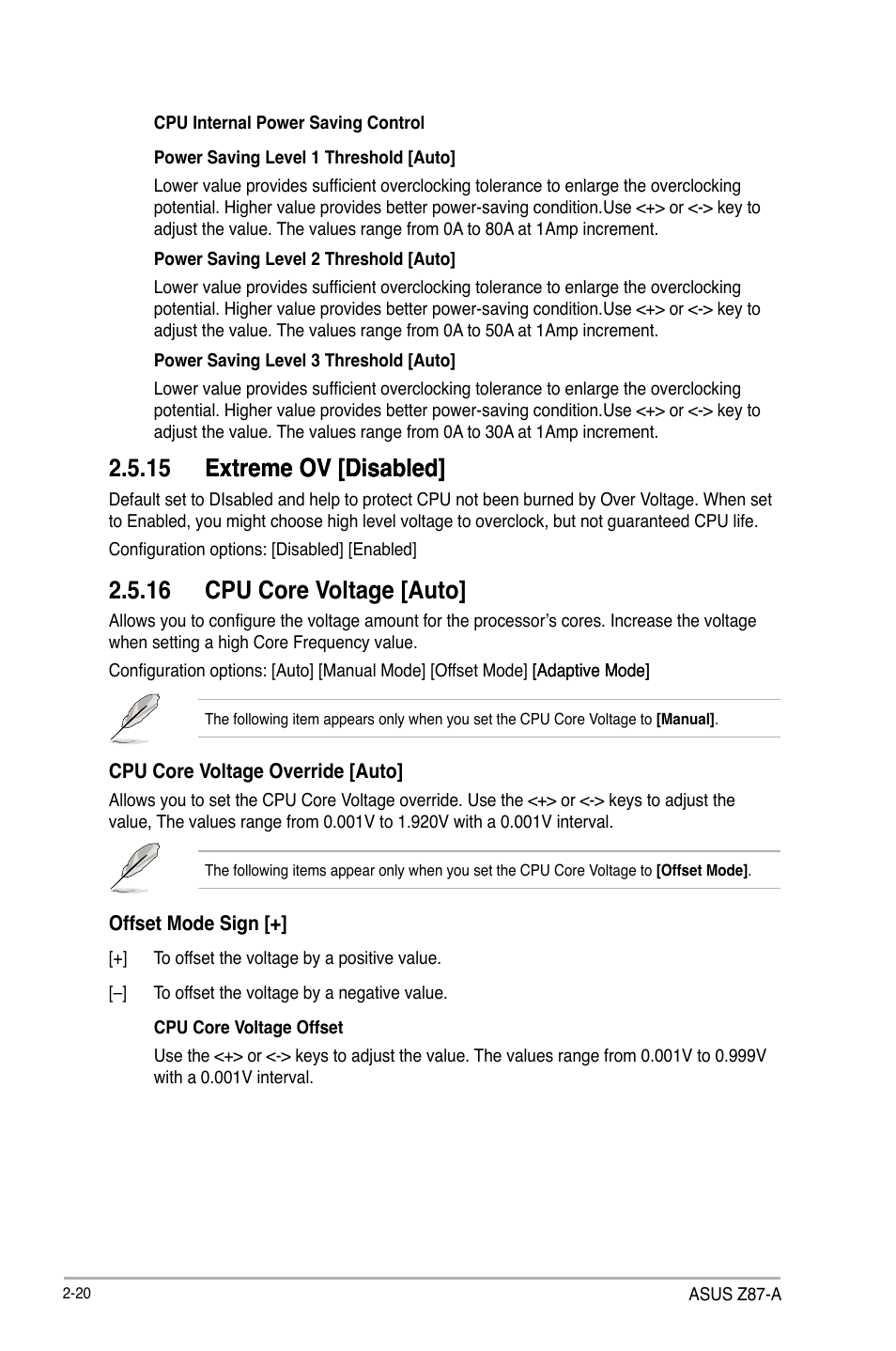 15 extreme ov [disabled] extreme ov [disabled, 16 cpu core voltage [auto | Asus Z87-A User Manual | Page 70 / 100