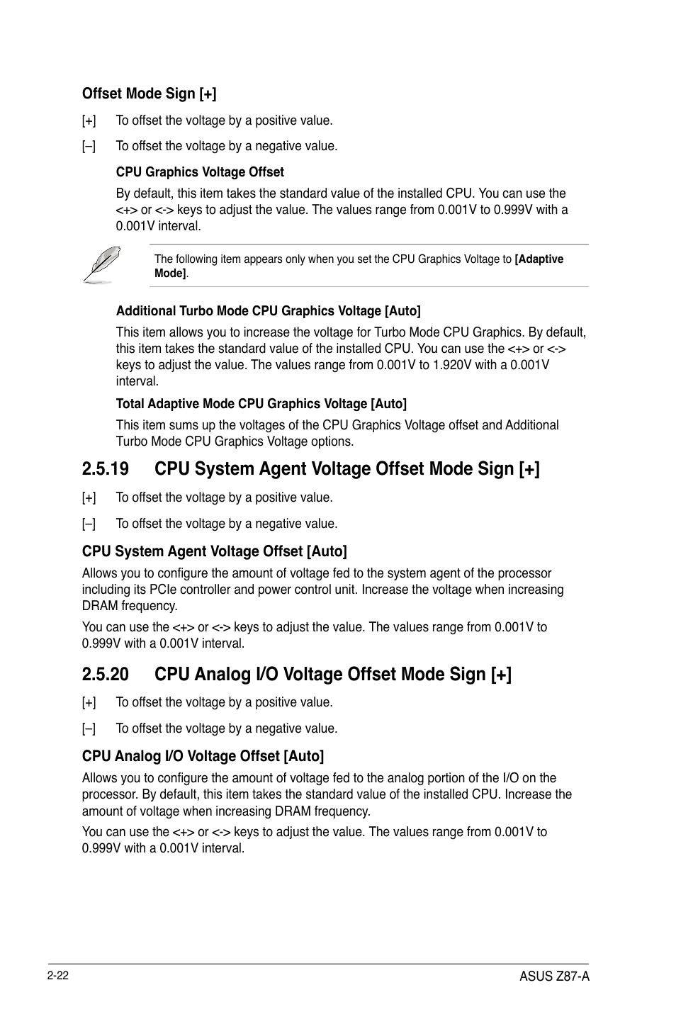 19 cpu system agent voltage offset mode sign, 20 cpu analog i/o voltage offset mode sign | Asus Z87-A User Manual | Page 72 / 100