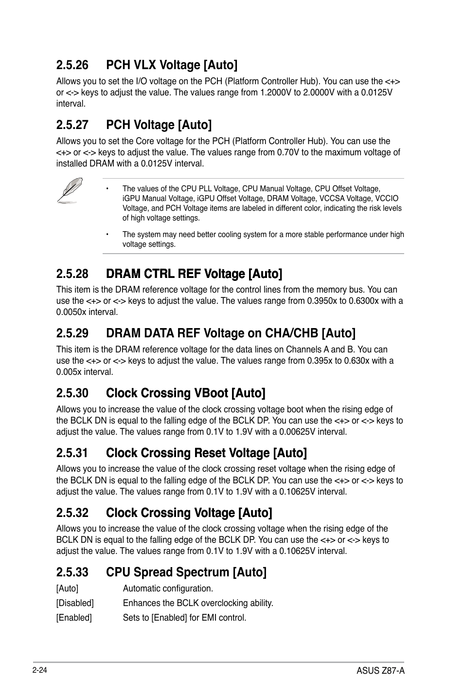 26 pch vlx voltage [auto, 27 pch voltage [auto, 29 dram data ref voltage on cha/chb [auto | 33 cpu spread spectrum [auto | Asus Z87-A User Manual | Page 74 / 100