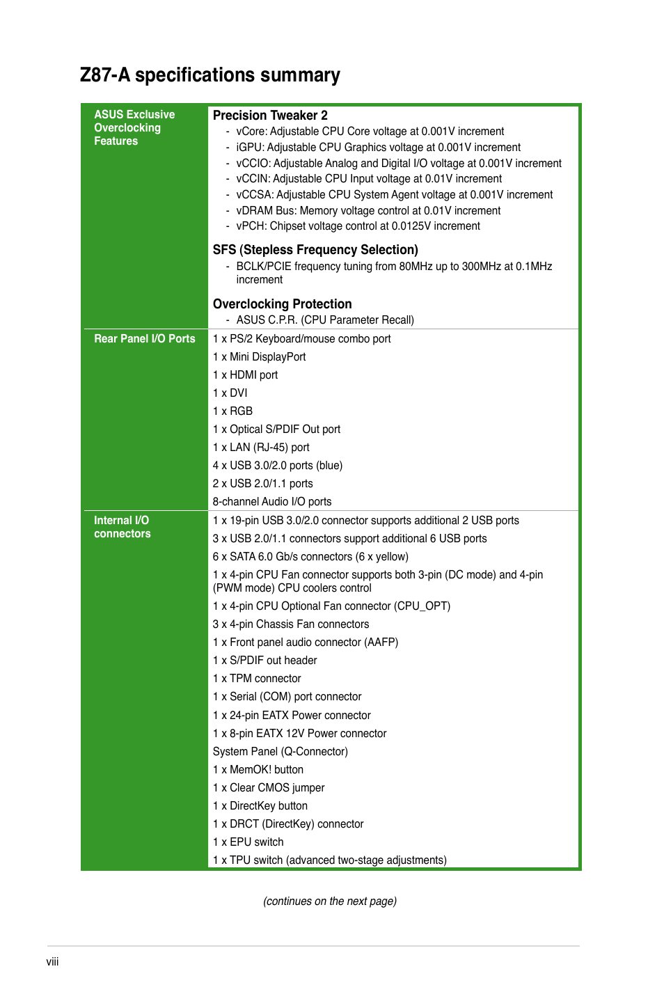 Z87-a specifications summary | Asus Z87-A User Manual | Page 8 / 100