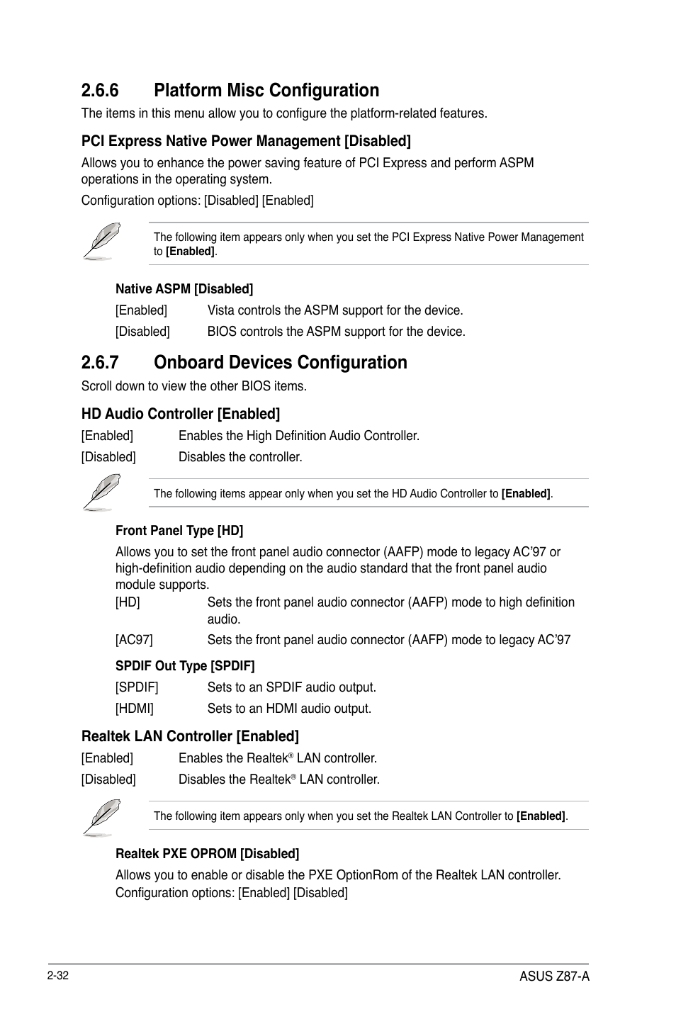 6 platform misc configuration, 7 onboard devices configuration | Asus Z87-A User Manual | Page 82 / 100