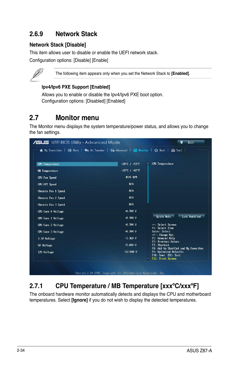 7 monitor menu, Monitor menu -34, 9 network stack | 1 cpu temperature / mb temperature [xxxºc/xxxºf | Asus Z87-A User Manual | Page 84 / 100