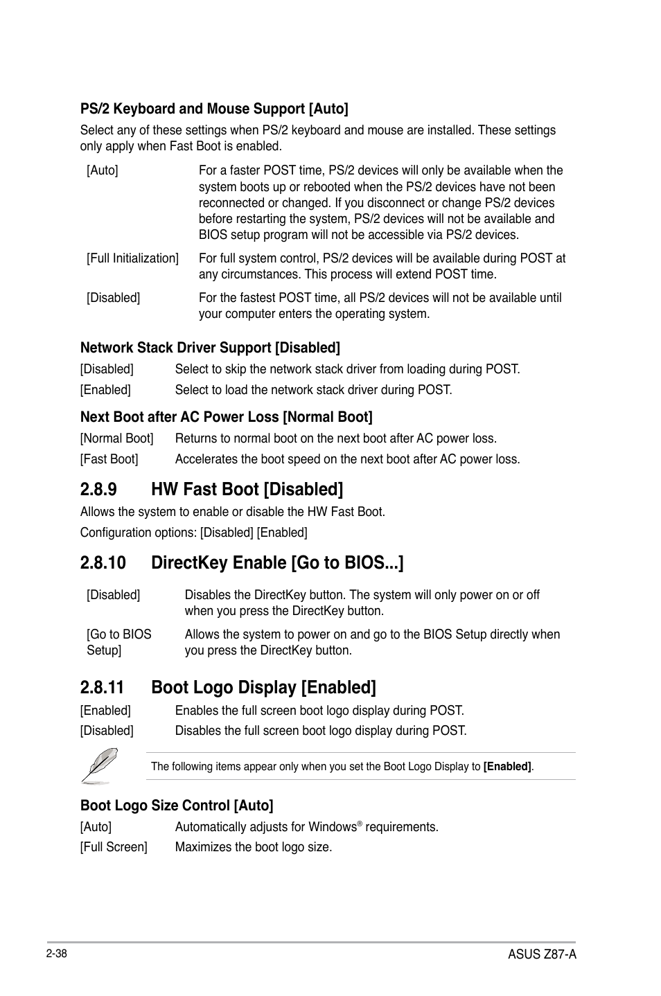 9 hw fast boot [disabled, 10 directkey enable [go to bios, 11 boot logo display [enabled | Asus Z87-A User Manual | Page 88 / 100