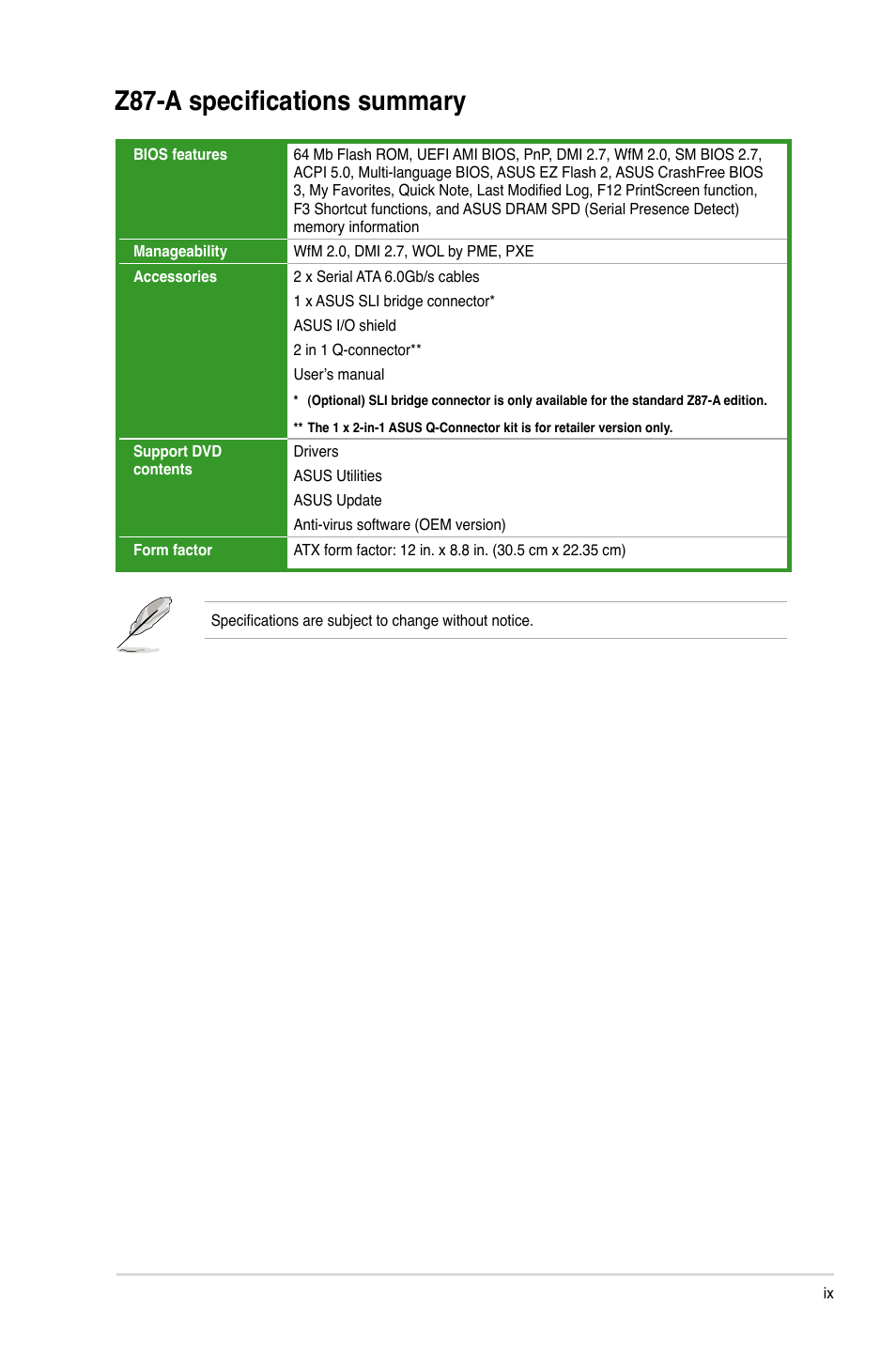 Z87-a specifications summary | Asus Z87-A User Manual | Page 9 / 100