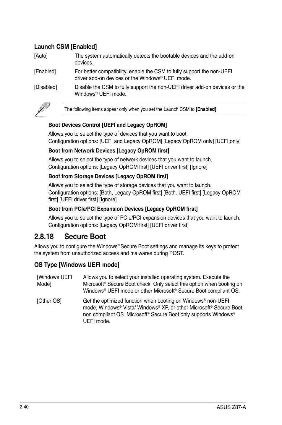 18 secure boot, Launch csm [enabled, Os type [windows uefi mode | Asus Z87-A User Manual | Page 90 / 100