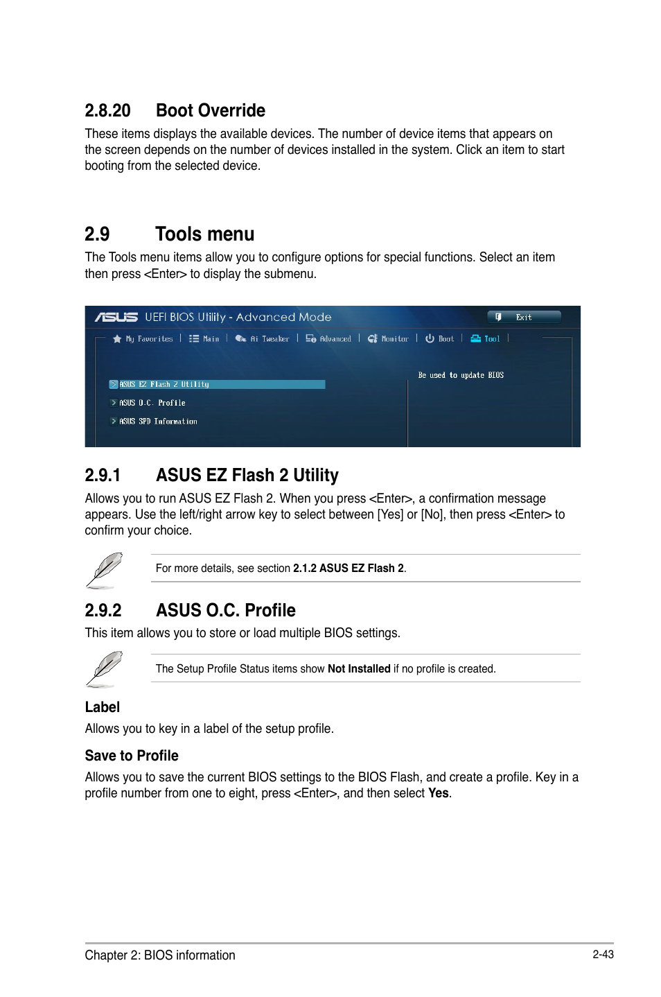 9 tools menu, Tools menu -43, 20 boot override | 1 asus ez flash 2 utility, 2 asus o.c. profile | Asus Z87-A User Manual | Page 93 / 100