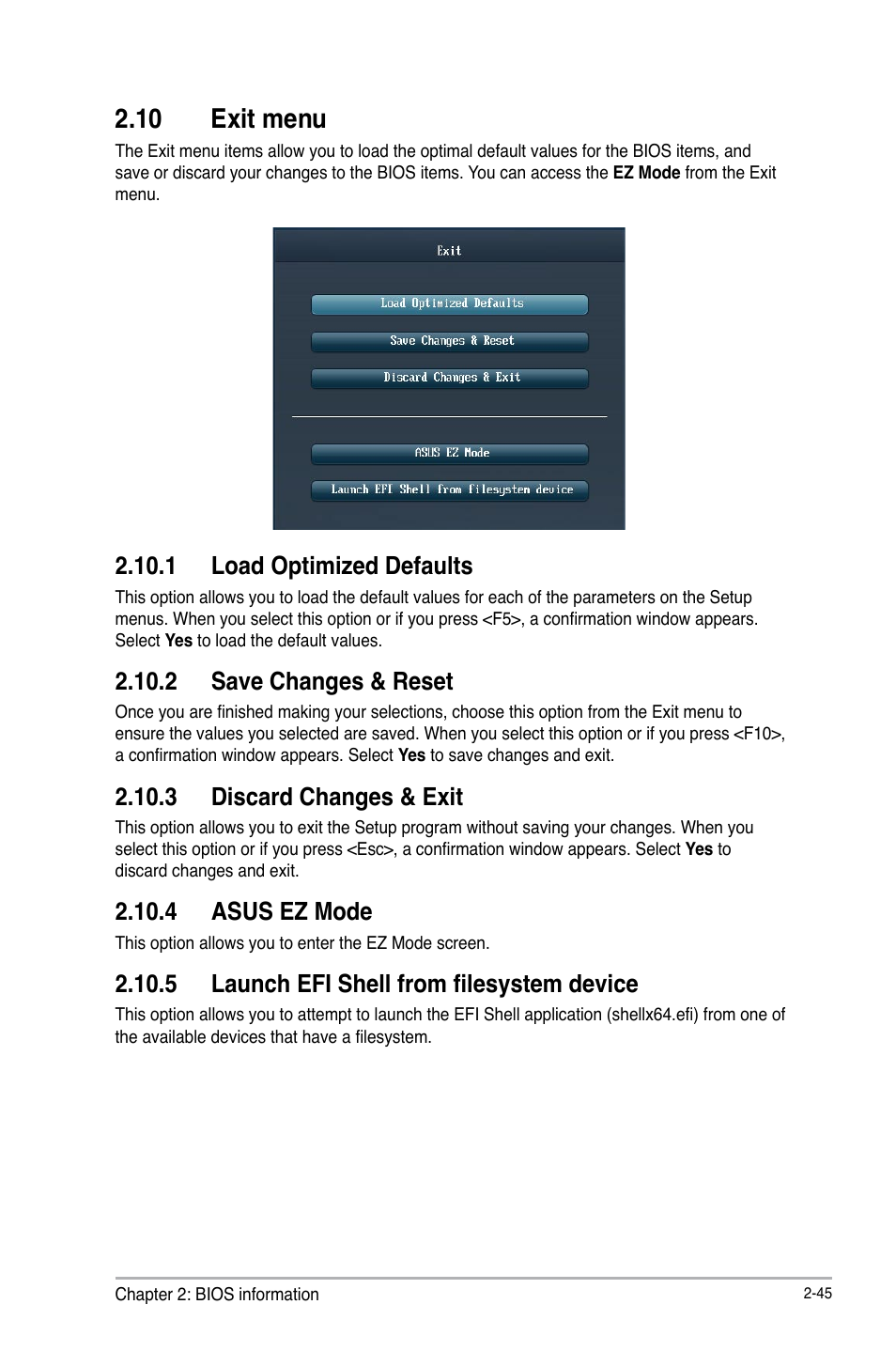 10 exit menu, Exit menu -45, 1 load optimized defaults | 2 save changes & reset, 3 discard changes & exit, 4 asus ez mode, 5 launch efi shell from filesystem device | Asus Z87-A User Manual | Page 95 / 100