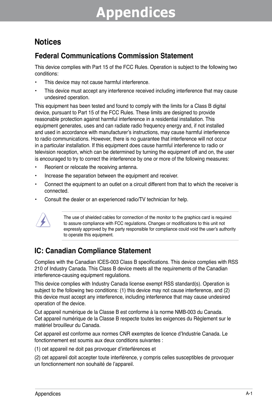 Appendices, Notices, Federal communications commission statement | Ic: canadian compliance statement | Asus Z87-A User Manual | Page 97 / 100