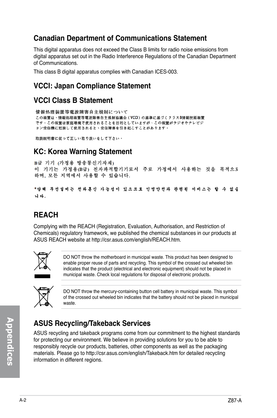 Asus recycling/takeback services, Appendices, Reach | Asus Z87-A User Manual | Page 98 / 100