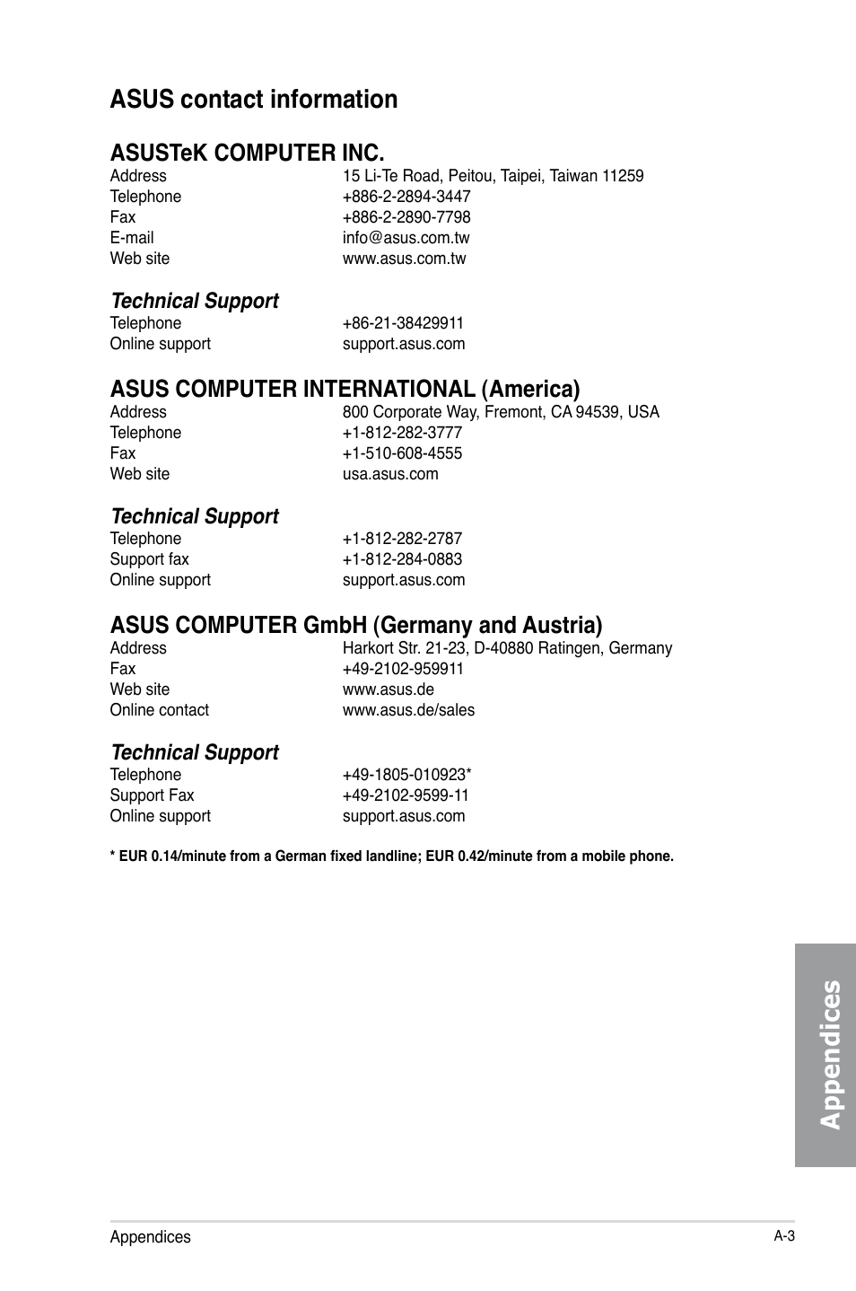 Appendices asus contact information, Asustek computer inc, Asus computer international (america) | Asus computer gmbh (germany and austria), Technical support | Asus Z87-A User Manual | Page 99 / 100