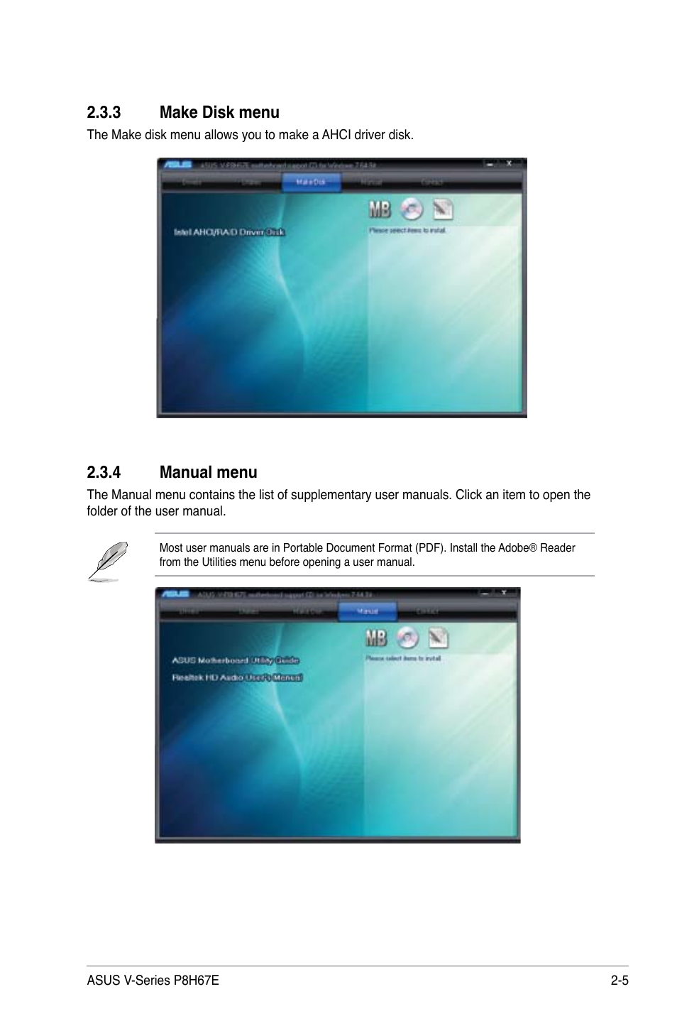 3 make disk menu, 4 manual menu | Asus V8-P8H67E User Manual | Page 27 / 79