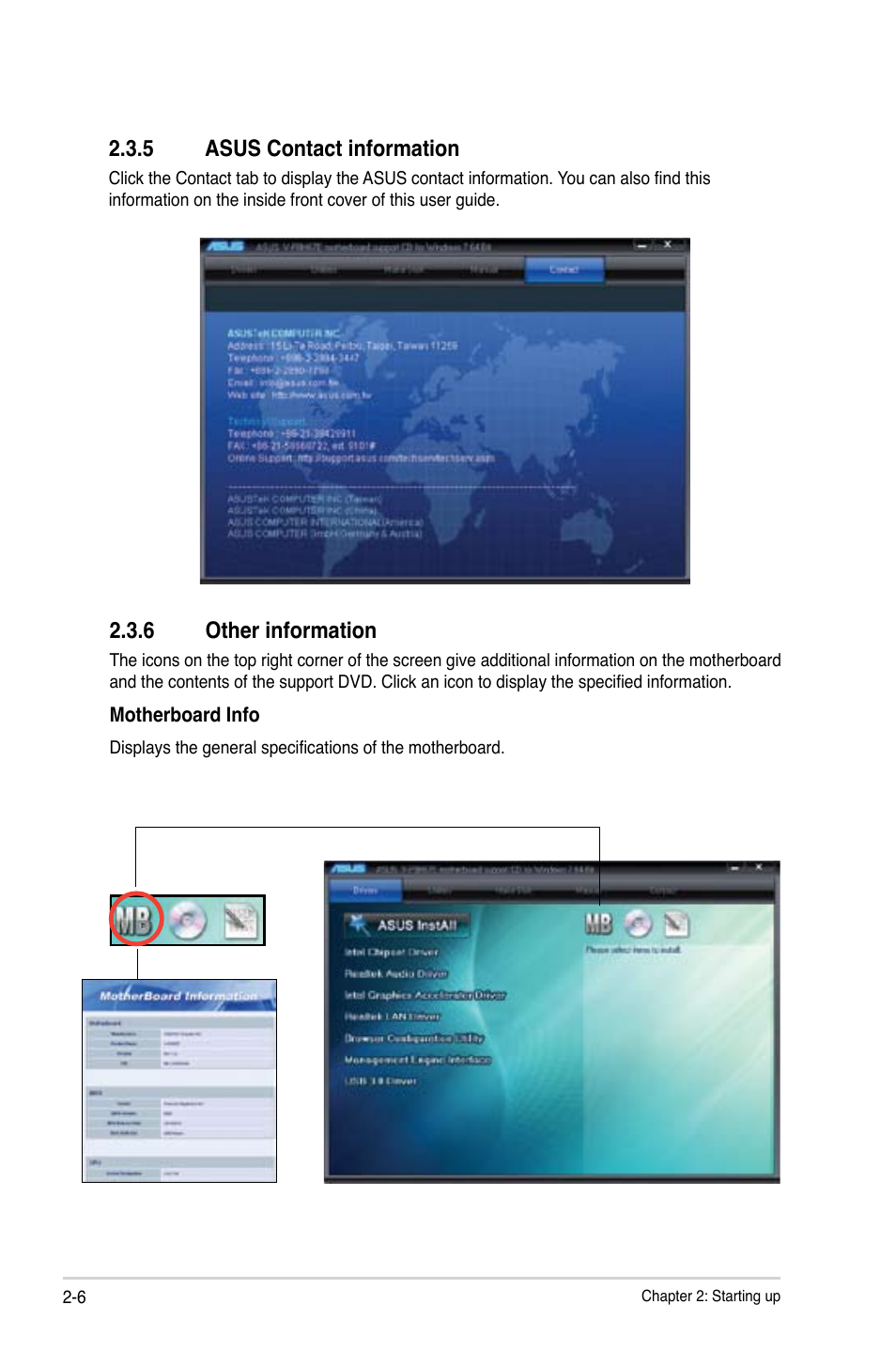 5 asus contact information, 6 other information | Asus V8-P8H67E User Manual | Page 28 / 79