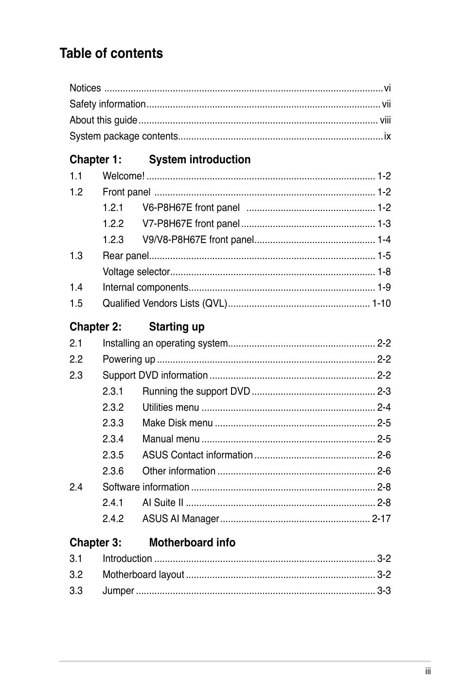 Asus V8-P8H67E User Manual | Page 3 / 79