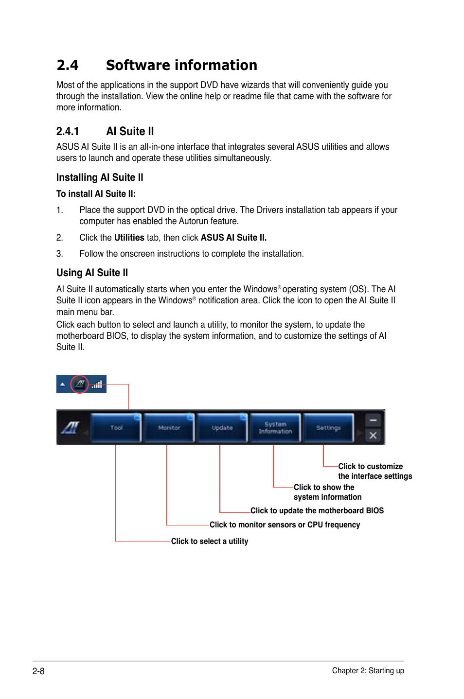 4 software information, 1 ai suite ii | Asus V8-P8H67E User Manual | Page 30 / 79