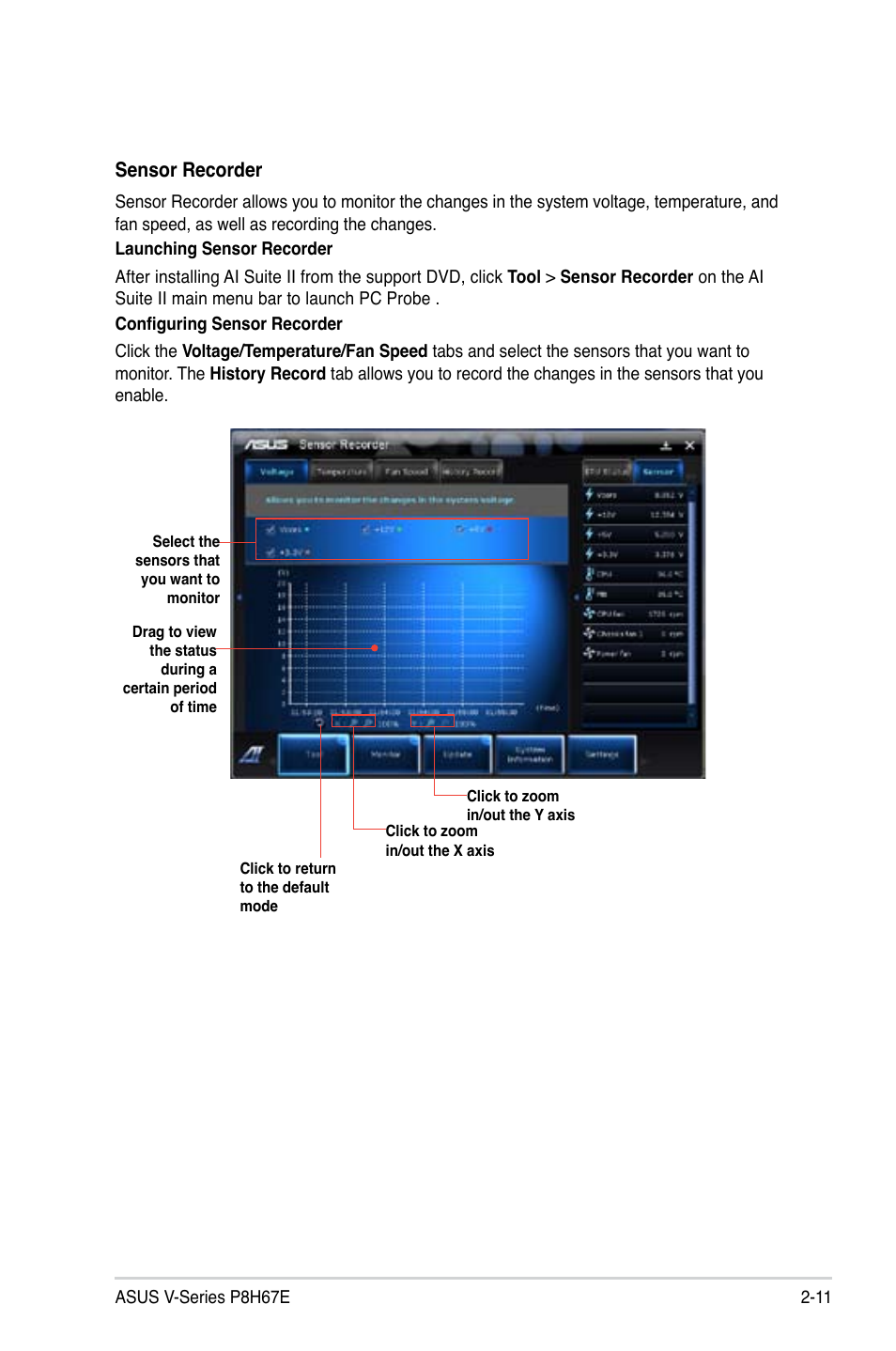 Sensor recorder | Asus V8-P8H67E User Manual | Page 33 / 79