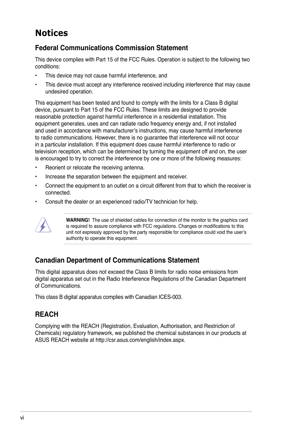 Notices, Federal communications commission statement, Canadian department of communications statement | Reach | Asus V8-P8H67E User Manual | Page 6 / 79