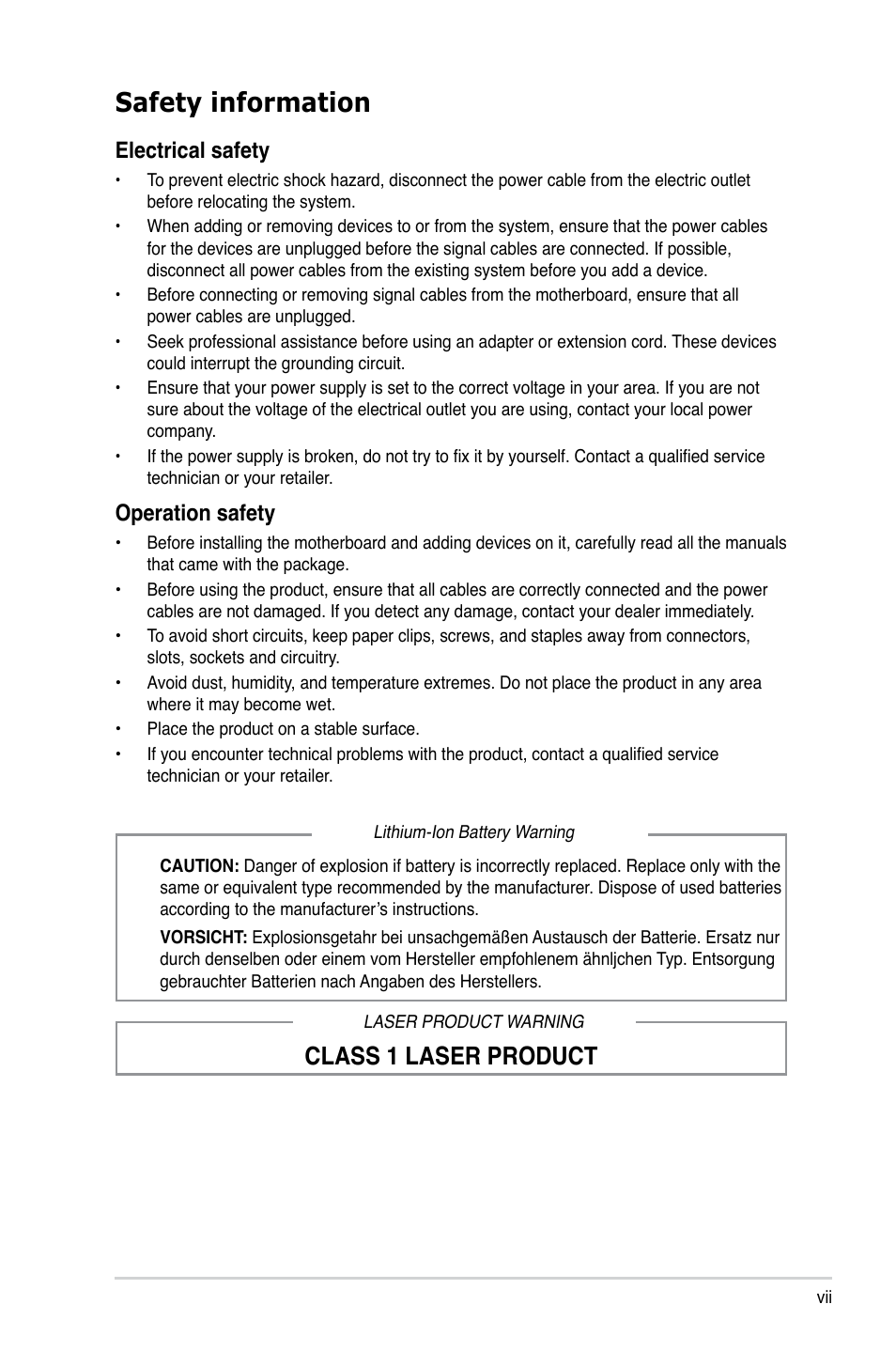 Safety information, Class 1 laser product, Electrical safety | Operation safety | Asus V8-P8H67E User Manual | Page 7 / 79