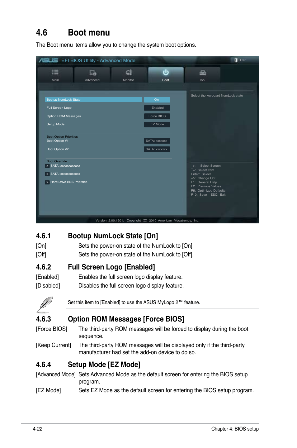 6 boot menu, 1 bootup numlock state [on, 2 full screen logo [enabled | 3 option rom messages [force bios, 4 setup mode [ez mode | Asus V8-P8H67E User Manual | Page 76 / 79