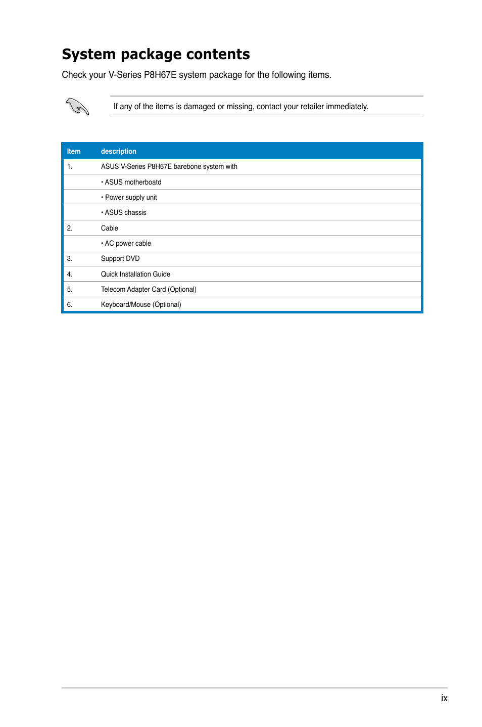 System package contents | Asus V8-P8H67E User Manual | Page 9 / 79