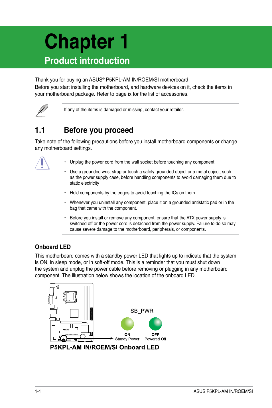 Chapter 1, 1 before you proceed, Product introduction | Before you proceed -1 | Asus P5KPL-AM IN/ROEM/SI User Manual | Page 10 / 40