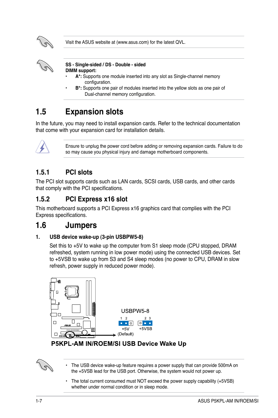 5 expansion slots, 1 pci slot, 2 pci express x16 slot | 6 jumpers, Expansion slots -7 1.5.1, Pci slot -7, Pci express x16 slot -7, Jumpers -7, 1 pci slots | Asus P5KPL-AM IN/ROEM/SI User Manual | Page 16 / 40